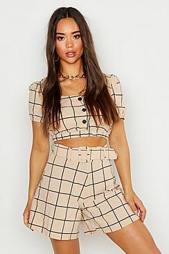 Boohoo Linen Look Printed Self Belt Paperbag Short