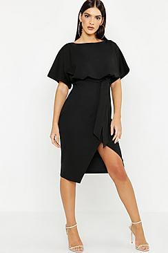 Boohoo Slash Neck Tie Waist Midi Dress