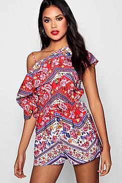 Boohoo Sandra Floral One Shoulder Ruffle Playsuit