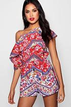 Boohoo Sandra Floral One Shoulder Ruffle Playsuit