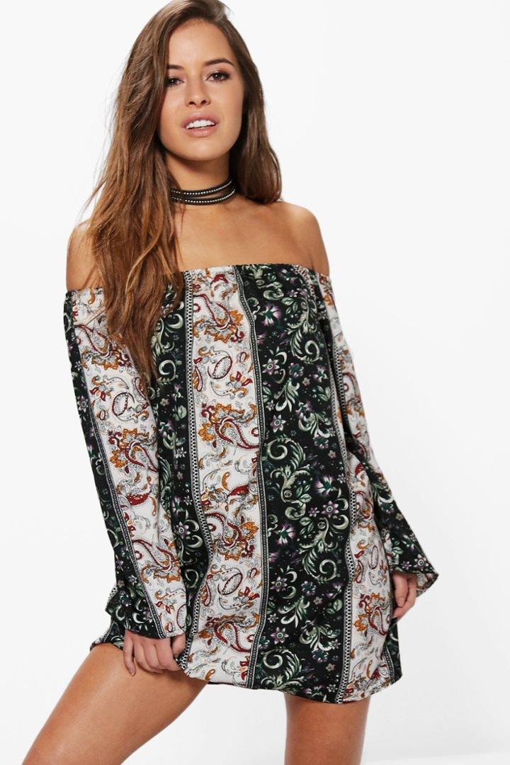 Boohoo Petite Eva Off The Shoulder Flared Sleeve Shift Dress Multi