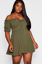 Boohoo Plus Lace Up Front Puff Sleeve Skater Dress