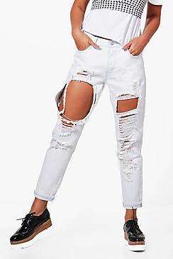 Boohoo Jen Rise Ultra Bleached Distressed Boyfriend Jeans