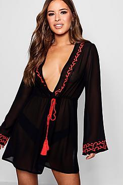 Boohoo Petite Hannah Orange Embroidered Beach Cover Up