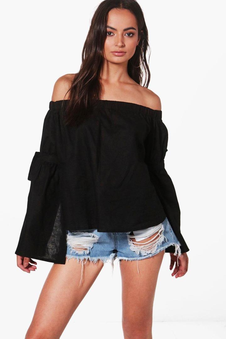 Boohoo Evie Tie Sleeve Bardot Black