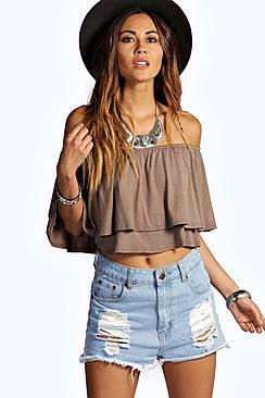 Boohoo Libby Off The Shoulder Frill Crop Top
