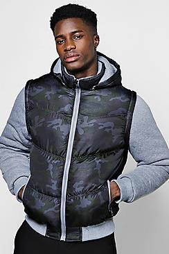 Boohoo Camo Puffer Jacket With Jersey Sleeves