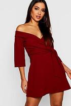 Boohoo Tie Waist Slight Off Shoulder Shirt Dress