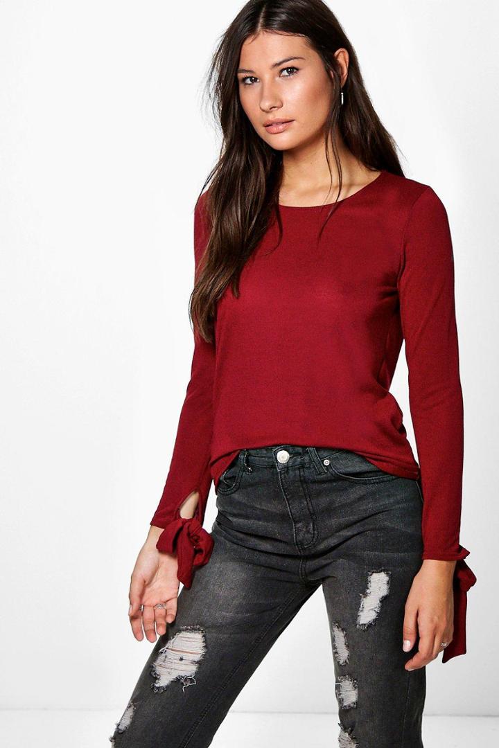 Boohoo Elizabeth Tie Sleeve Fine Knit Jumper Wine