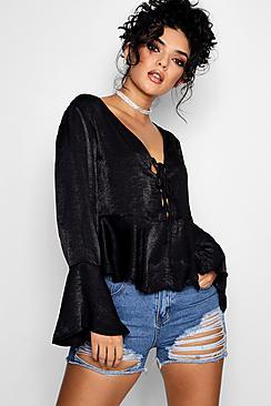 Boohoo Mia Woven Lace Up Flare Sleeve Peplum Blouse