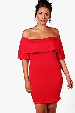 Boohoo Plus Bella Off The Shoulder Frill Bodycon Dress