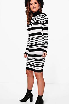Boohoo Georgina Striped Roll Neck Knitted Dress