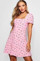 Boohoo Holly Square Neck Cherry Print Skater Dress