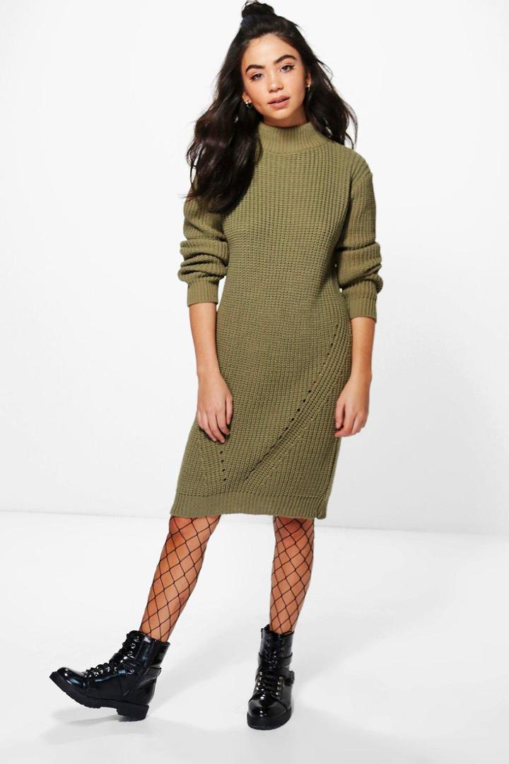 Boohoo Scarlett Funnel Neck Chunky Knit Jumper Dress Khaki