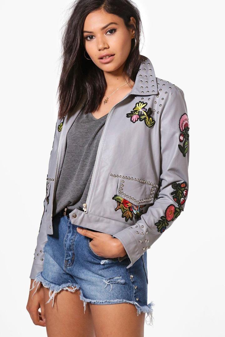 Boohoo Kayla Boutique Studded Embroidered Jacket Grey