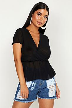 Boohoo Petite Wrap Peplum Hem Blouse