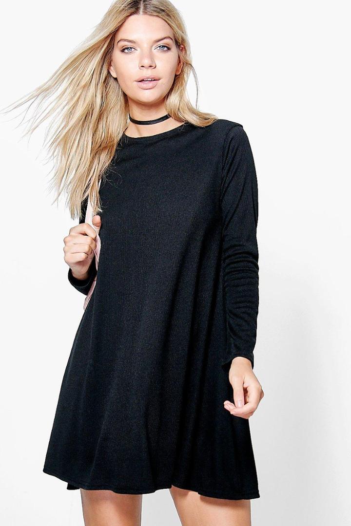 Boohoo Charlotte Rib Knit Swing Dress Black