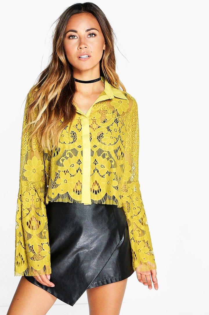 Boohoo Lola Boutique Lace Bell Sleeve Crop Shirt Lime