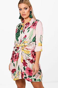 Boohoo Plus Kirsten Stripe + Floral Twist Front Shirt Dress