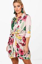 Boohoo Plus Kirsten Stripe + Floral Twist Front Shirt Dress
