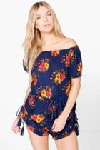 Boohoo Kyra Floral Print Off The Shoulder Woven Playsuit Navy