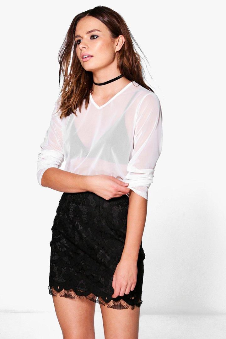 Boohoo Eliza Mesh Long Sleeve Top White