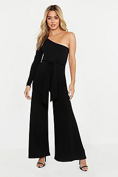 Boohoo Petite One Shoulder Belted Jumpsuit