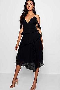 Boohoo Jian Cold Shoulder Ruffle Detail Midi Dress