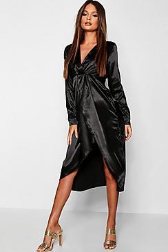 Boohoo Satin Knot Front Midaxi Shirt Dress
