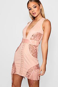 Boohoo Lace Up Suedette Fringed Bodycon Dress
