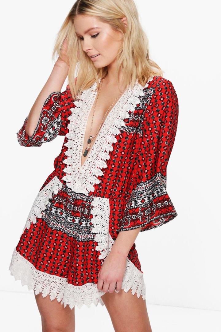 Boohoo Julia Crochet Trim Printed Playsuit Red