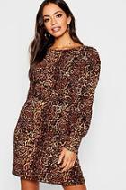Boohoo Satin Leopard Print Blouson Sleeve Shift Dress