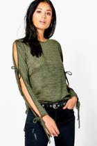 Boohoo Lucy Cold Shoulder Lace Up Sleeve Jumper Khaki