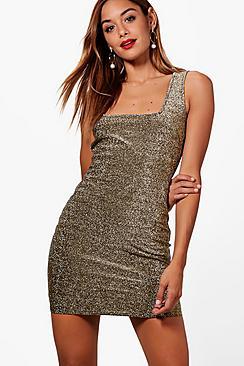 Boohoo Nicki Metallic Square Neck Bodycon Dress