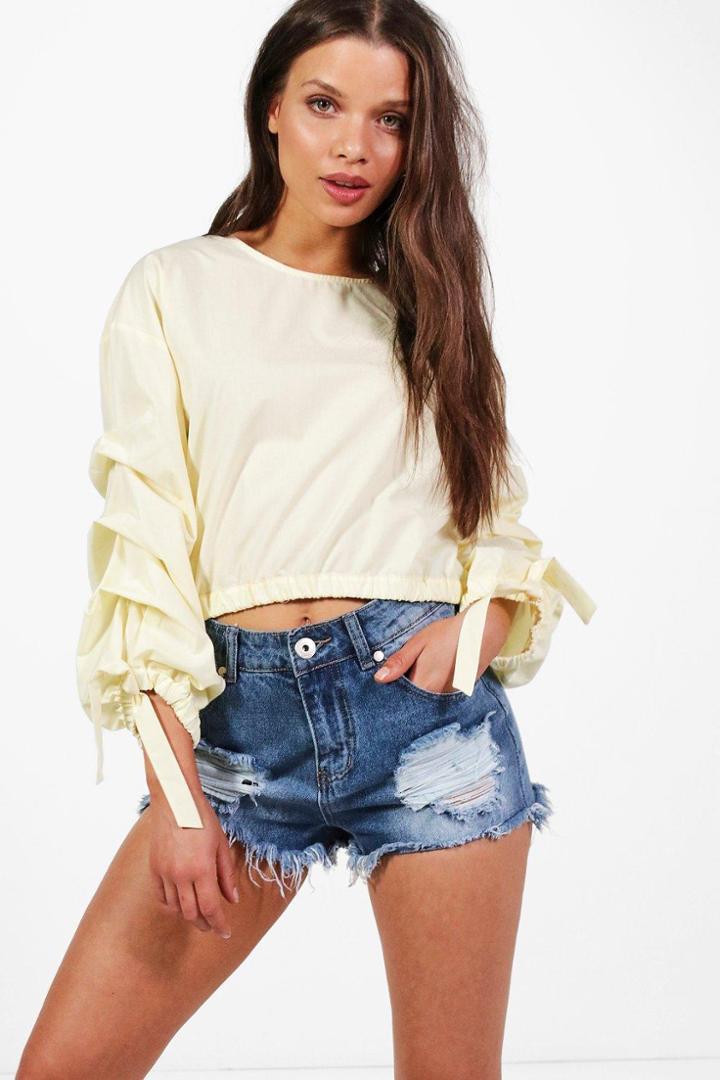Boohoo Paige Woven Ruche Sleeve Top Yellow