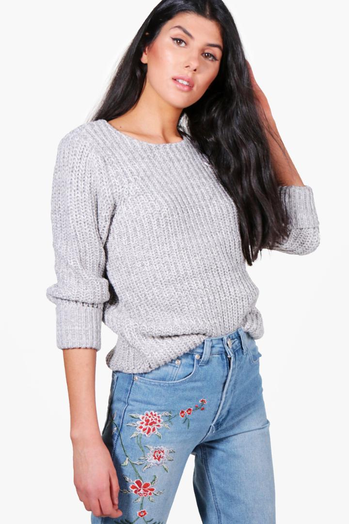 Boohoo Mia Chunky Marl Turn Up Cuff Jumper Grey