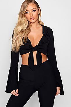 Boohoo Molly Ruffle Tie Front Scuba Crop