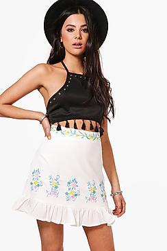 Boohoo Orla Embroidered Ruffle Hem Woven Skirt
