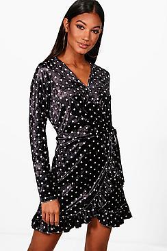 Boohoo Lola Velvet Spot Ruffle Tea Dress
