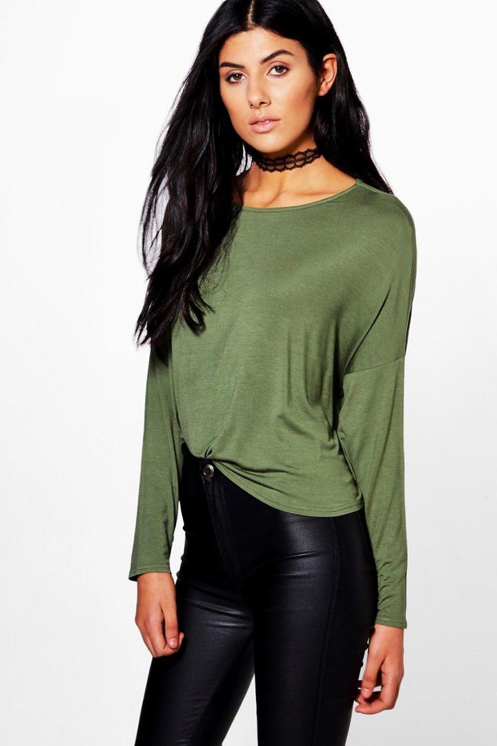 Boohoo Beth Basic Oversized Batwing Top Khaki