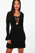 Boohoo Layla Lace Up Front Ruffle Hem Tea Dress