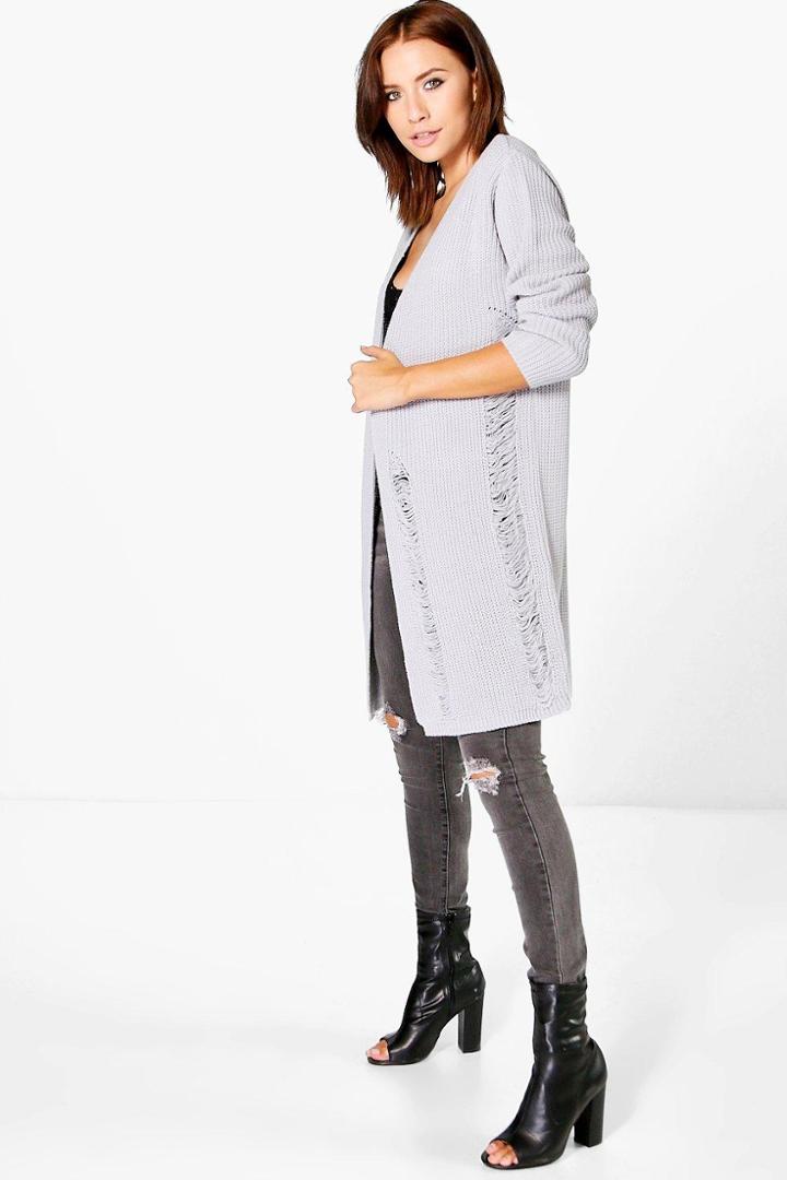 Boohoo Olivia Distressed Boyfriend Cardigan Grey