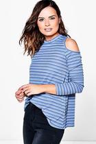 Boohoo Amira Striped Rib Cold Shoulder T-shirt