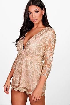 Boohoo Allie All Over Embroidered Wrap Playsuit