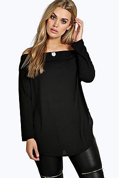 Boohoo Plus Bardot Long Sleeve Knitted Top