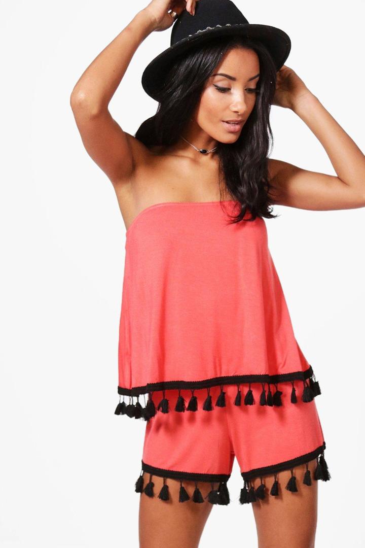 Boohoo Lauren Bandeau Tassle Trim Playsuit Orange