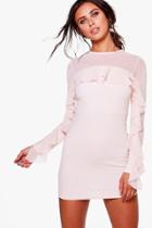 Boohoo Petite Jennifer Ruffle Mesh Long Sleeve Dress Nude