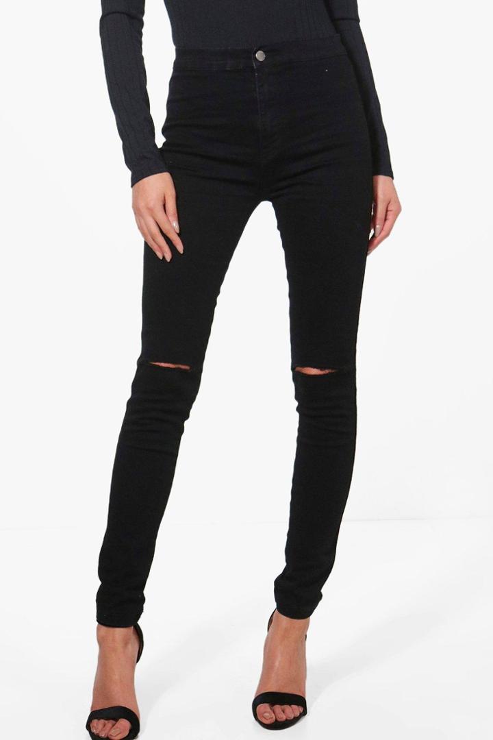 Boohoo Avah High Rise Rip Knee Disco Skinny Jeans Black