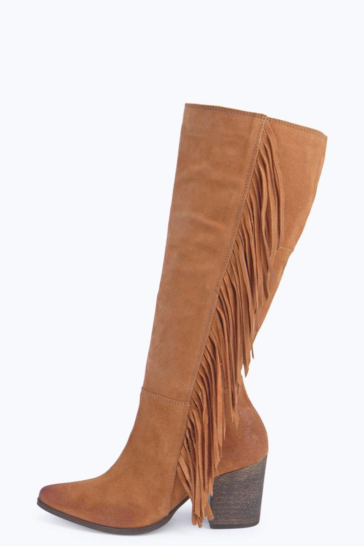 Boohoo Boutique Isabel Leather Fringe Side Knee Boot Tan