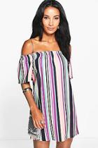 Boohoo Lea Ruffle Off Shoulder Stripe Shift Dress